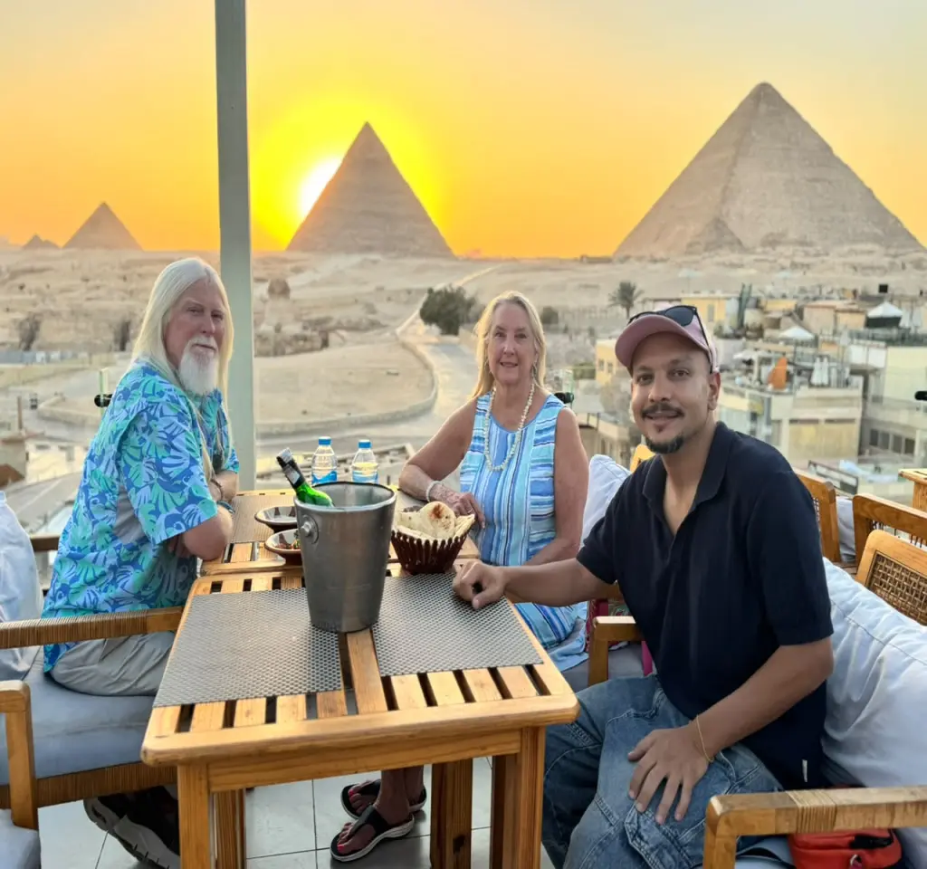 private tour to Golden Bird Store & Romantic dinner at Hyat restaurant in front of the best front view of Giza pyramids